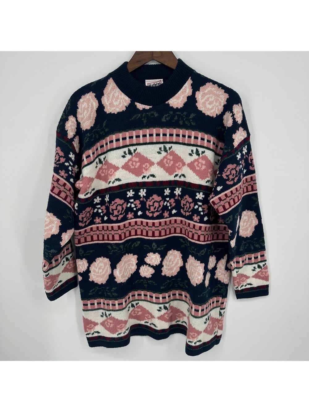 Vintage Floral Fair Isle Sweater Grandmacore Navy Pink Made in USA XL